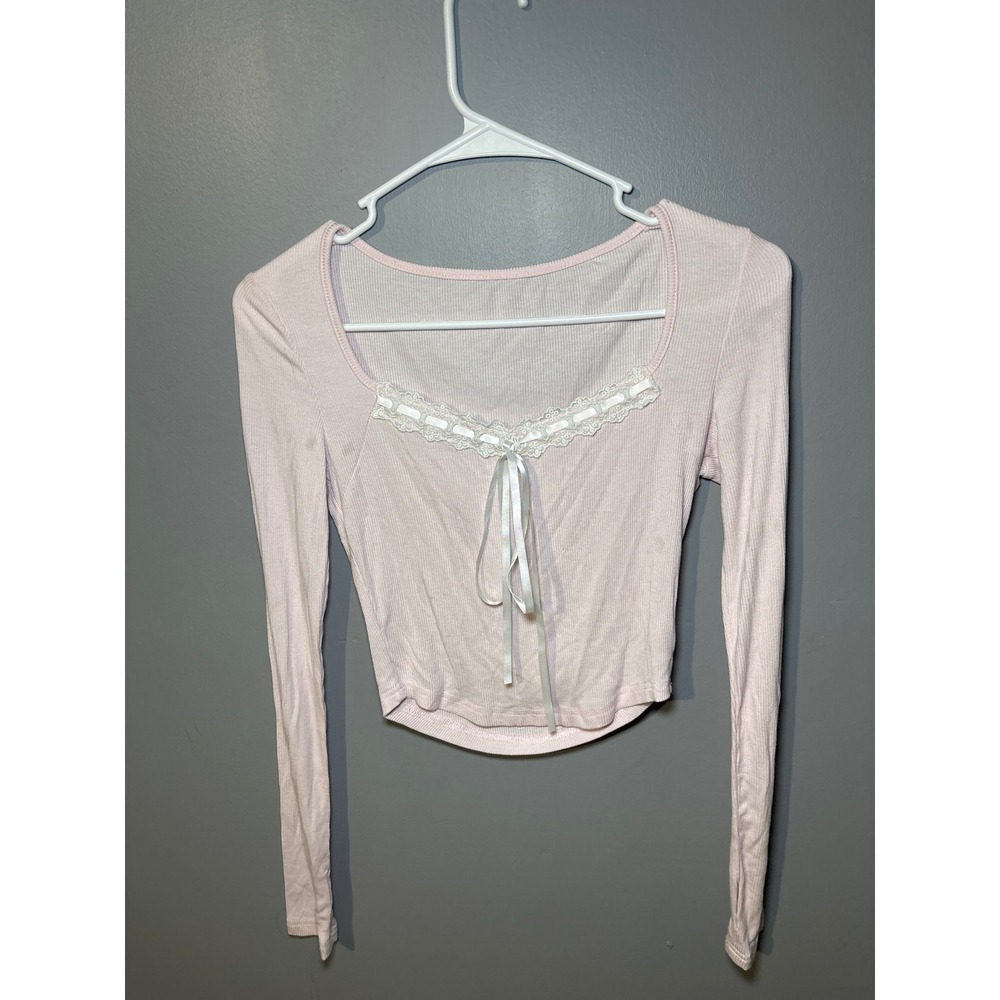 Light Pink Ribbed Lace Trim Long Sleeve Crop Top Coquette Bow Detail Womens M